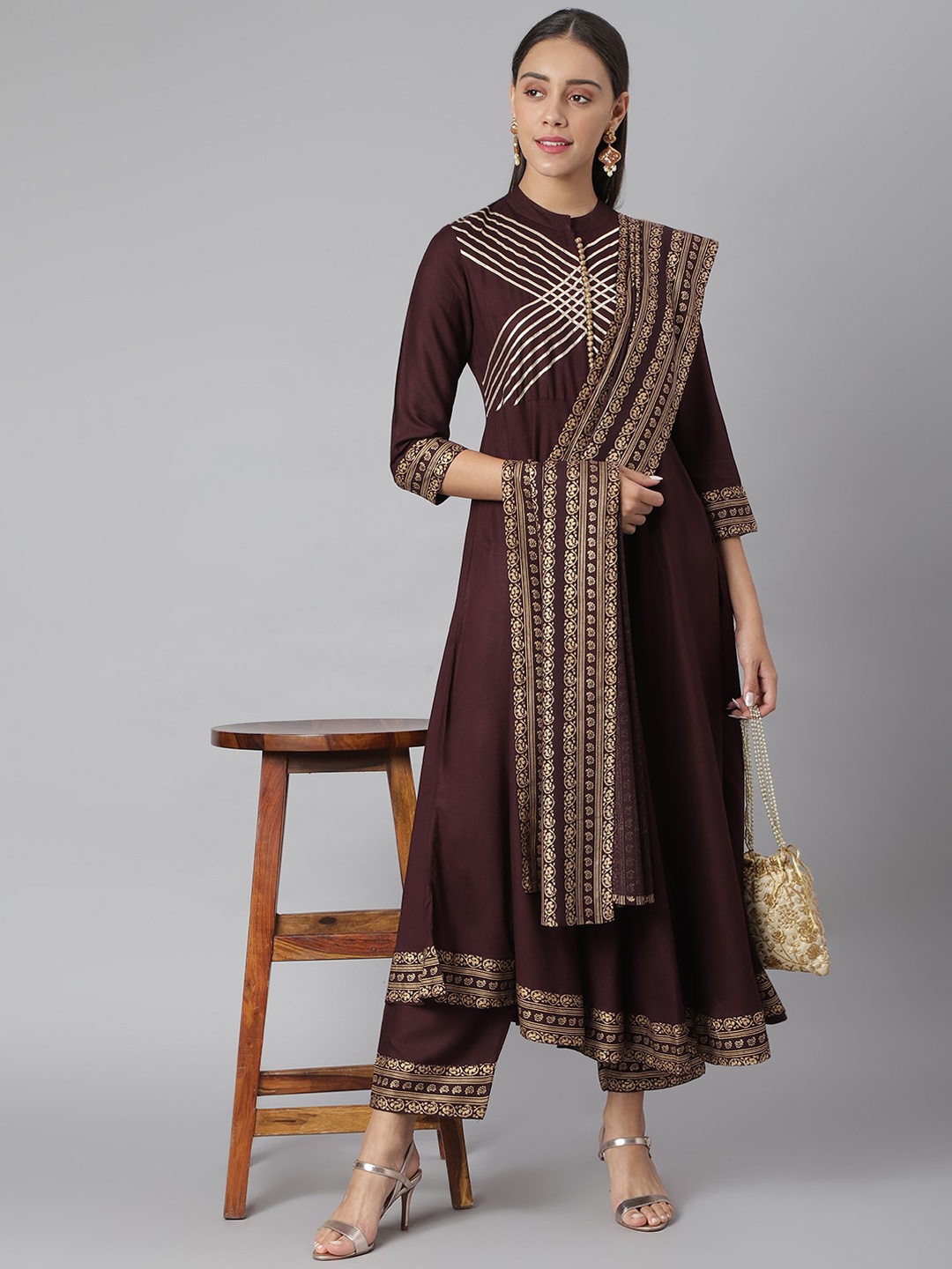 

Khushal K Women Brown Floral Printed Kurta with Trousers & With Dupatta