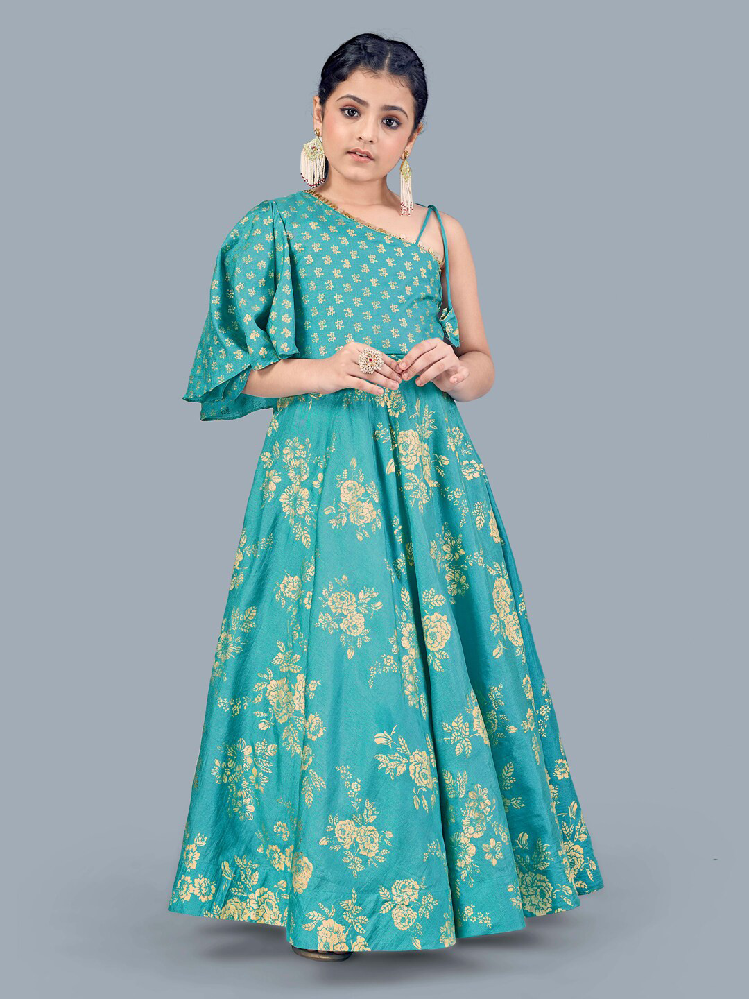 

FASHION DREAM Girls Teal & Gold-Toned One Shoulder Ethnic Maxi Dress