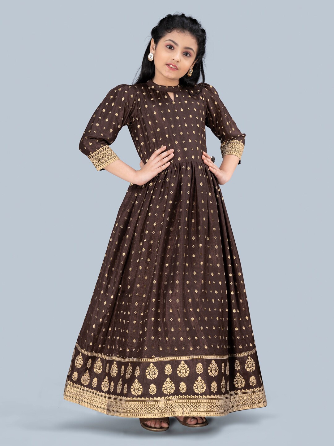 

FASHION DREAM Brown Ethnic Motifs Printed Keyhole Neck Maxi Ethnic Dress