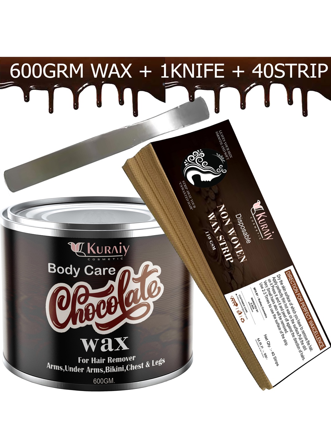 

KURAIY Body Care Detan Chocolate Wax for Body Hair Removal 600 g with Knife & 40 Strips, Brown