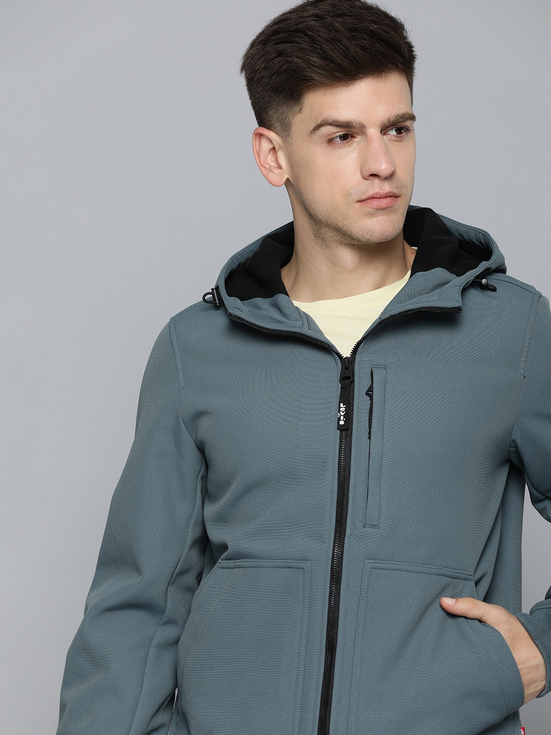 

Levis Men Grey Solid Hooded Tailored Jacket