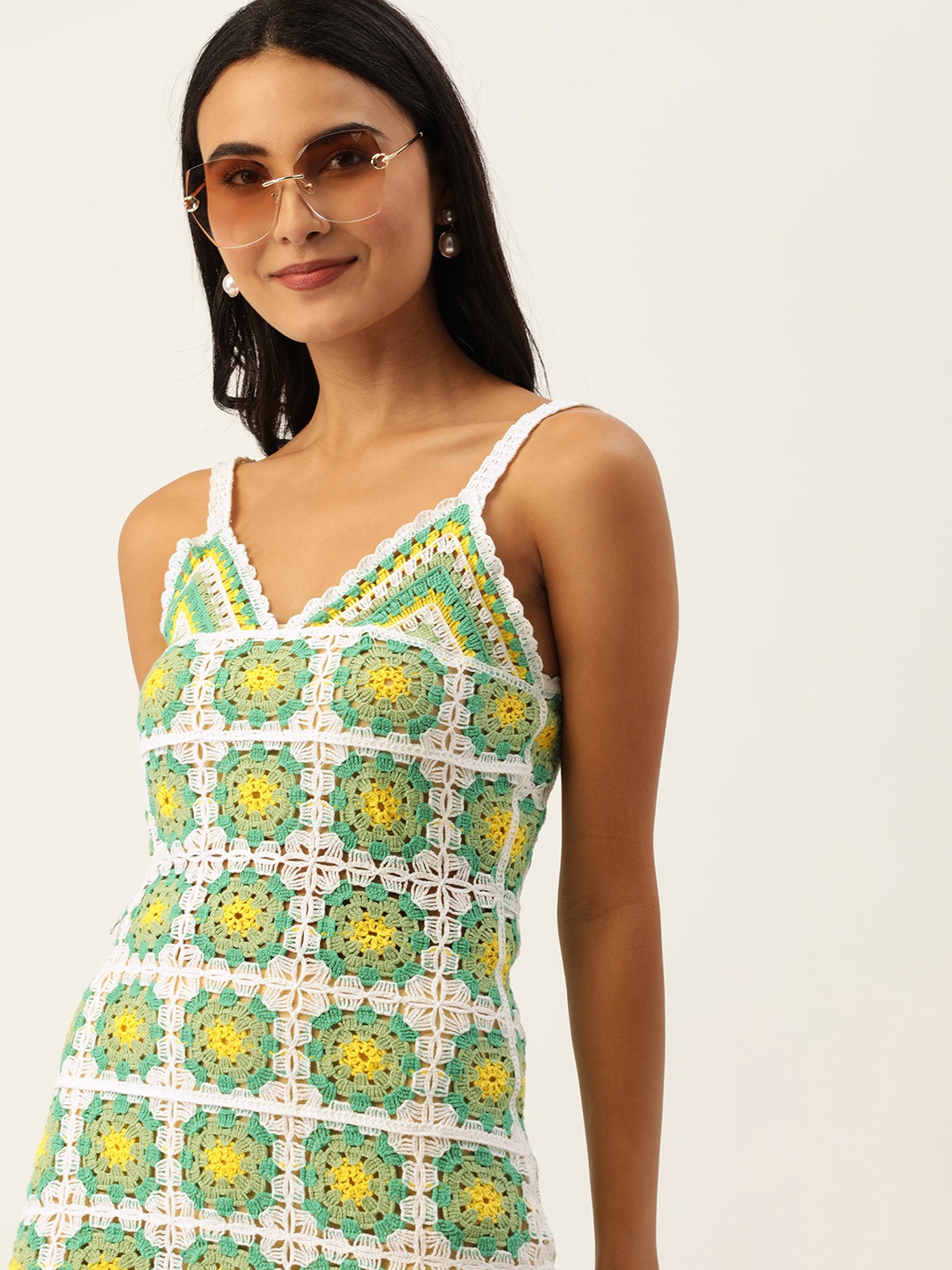 

SHECZZAR Women Green & White Pure Cotton Geometric Knitted Sleeveless A-Line Dress
