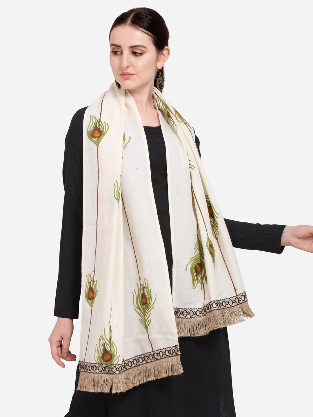 

MESMORA FASHION Women Off White Peacock Feather Embroidered stole