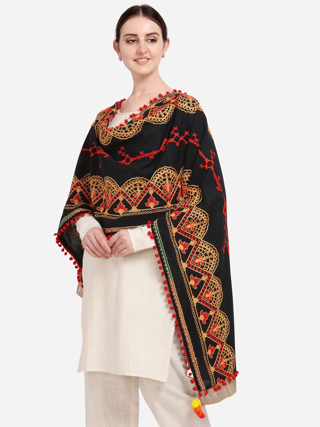 

MESMORA FASHION Black Traditional Embroidered Linen Festive Dupatta