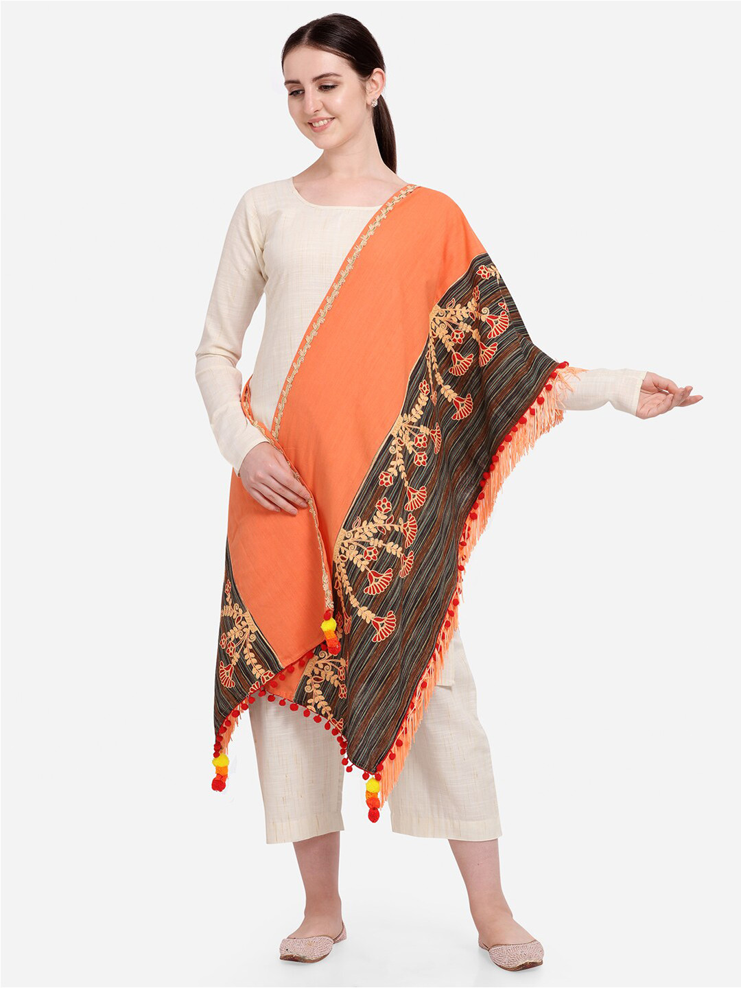 

MESMORA FASHION Peach-Coloured & Brown Printed Pure Cotton Dupatta