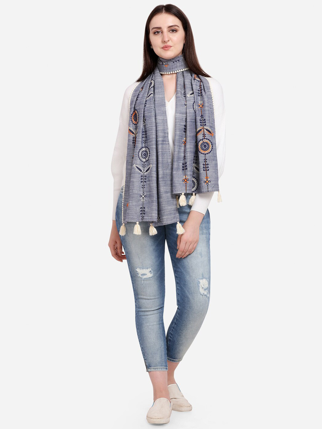 

MESMORA FASHION Grey & Orange Floral Embroidered Pure Cotton Dupatta