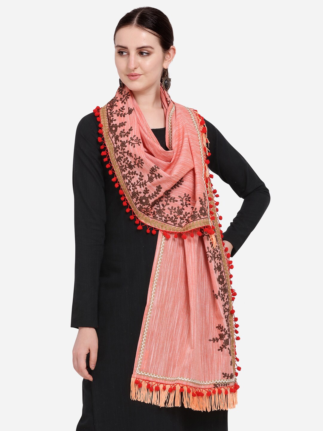 

MESMORA FASHION Peach-Coloured & Red Embroidered Pure Cotton Dupatta