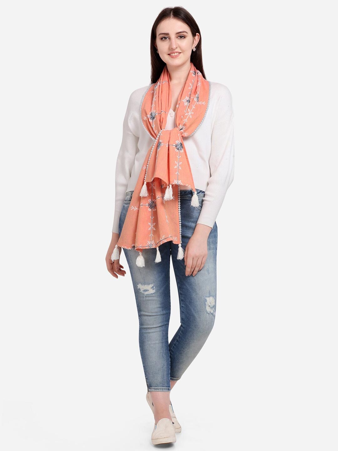 

MESMORA FASHION Women Peach-Coloured Embroidered Stole