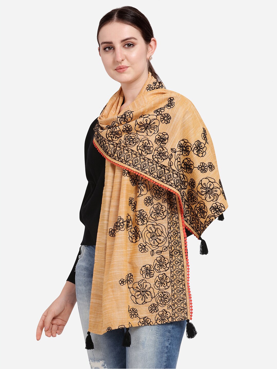 

MESMORA FASHION Women Orange & Black Embroidered Stole
