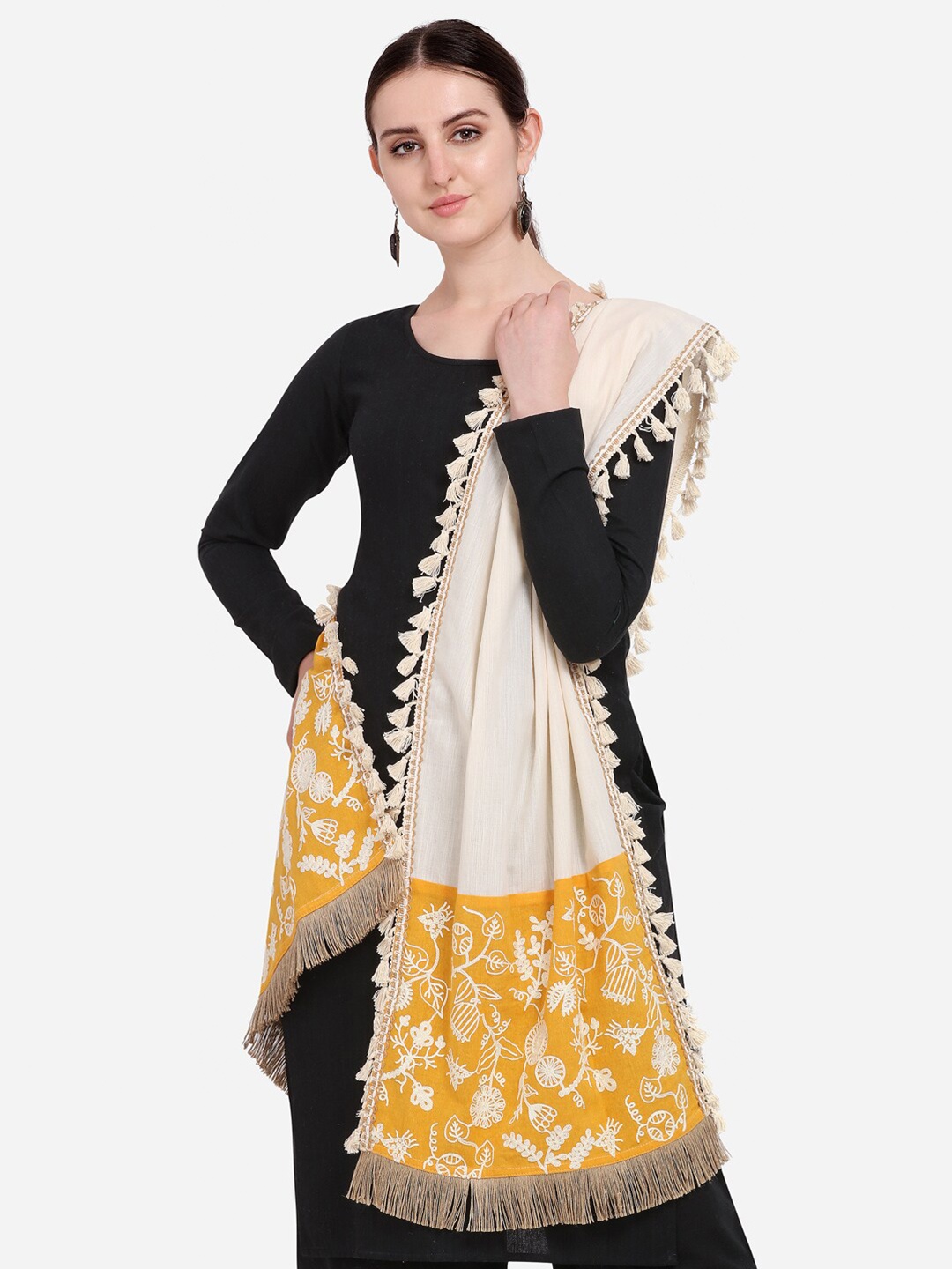 

MESMORA FASHION White & Yellow Ethnic Motifs Embroidered Pure Cotton Dupatta