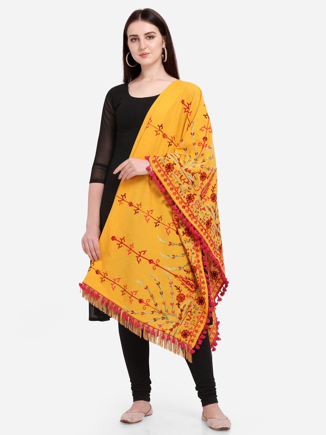 

MESMORA FASHION Mustard & Pink Embroidered Pure Cotton Dupatta With Tassel Lace