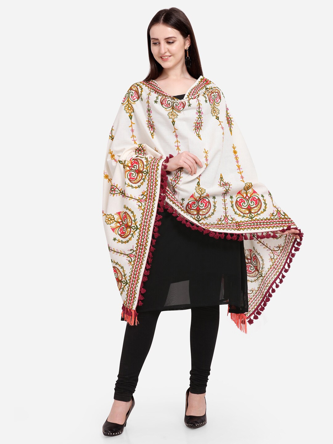 

MESMORA FASHION Off White & Pink Embroidered Pure Cotton Dupatta