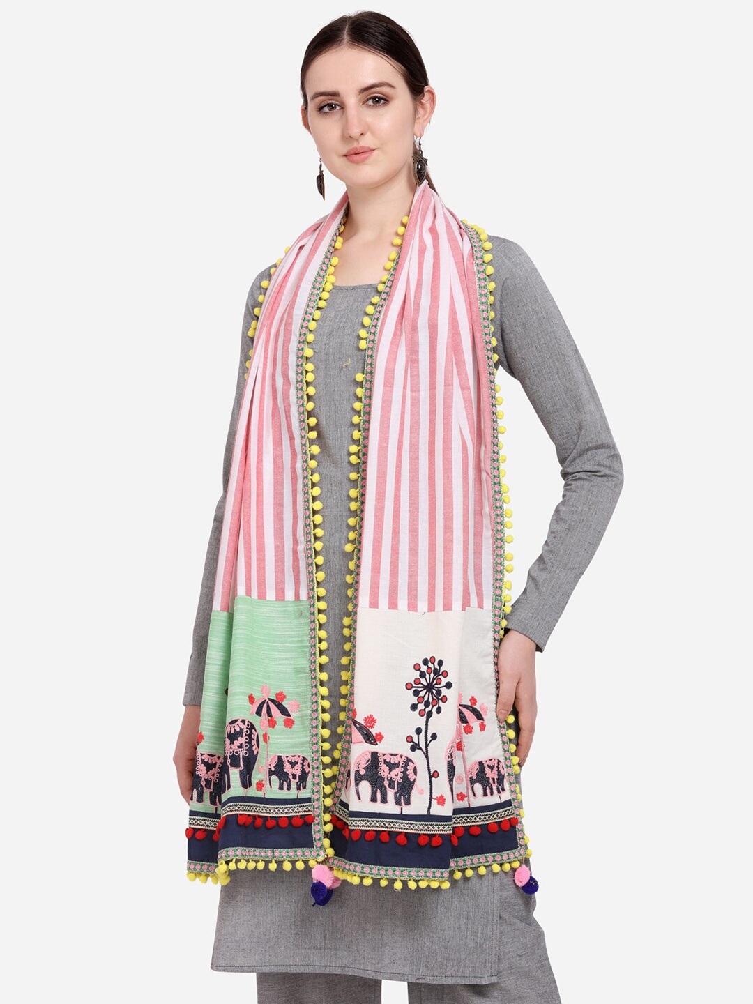 

MESMORA FASHION Pink & White Striped Pure Cotton Dupatta