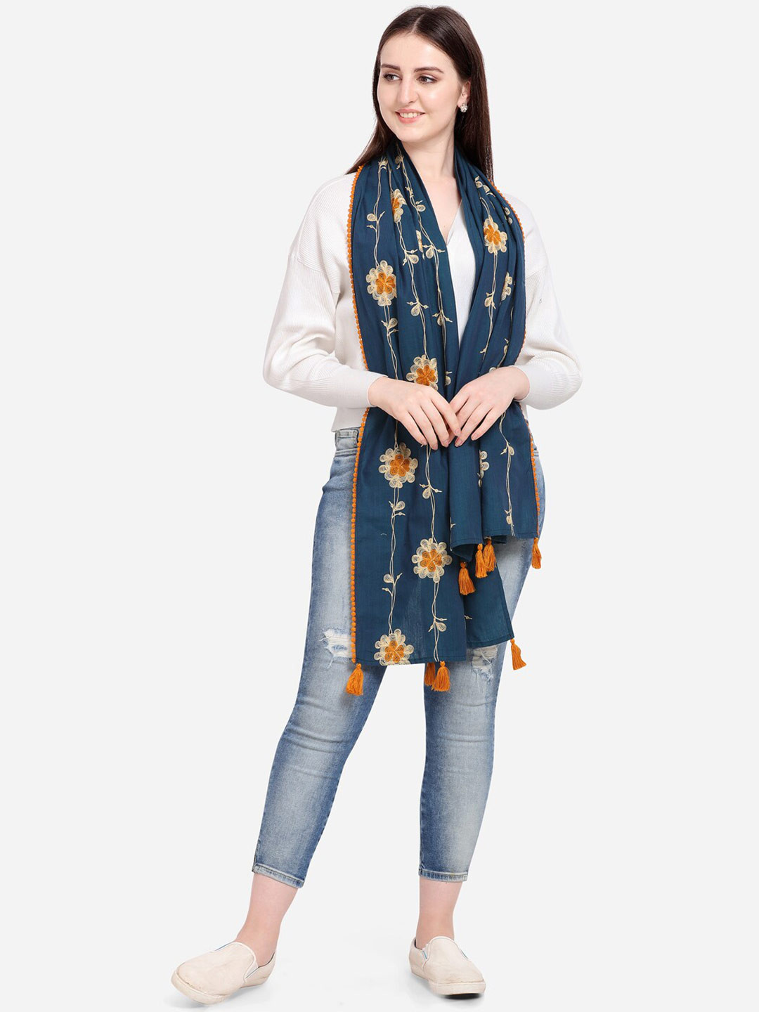

MESMORA FASHION Turquoise Blue & Orange Printed Pure Cotton Dupatta