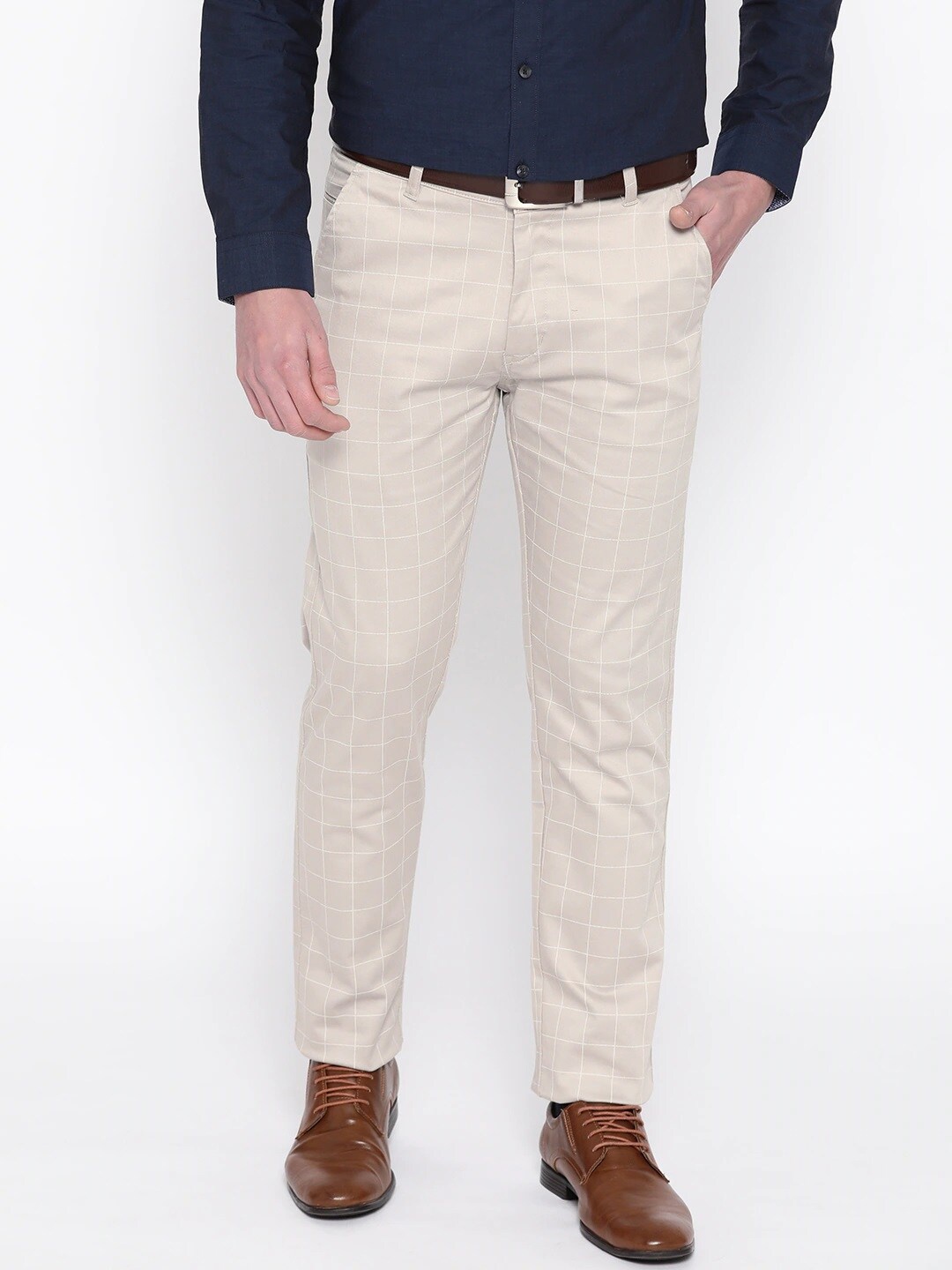 

Hancock Men Beige Checked Cotton Stretch Slim Fit Formal Trouser