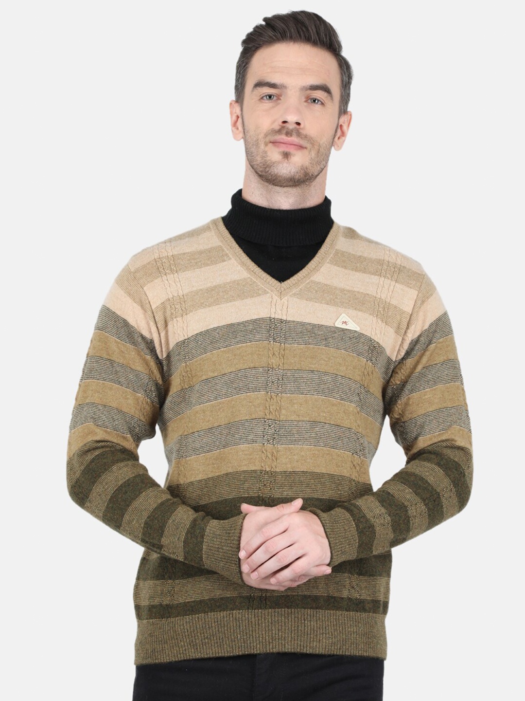 

Monte Carlo Men Olive Green & Beige Striped Pullover