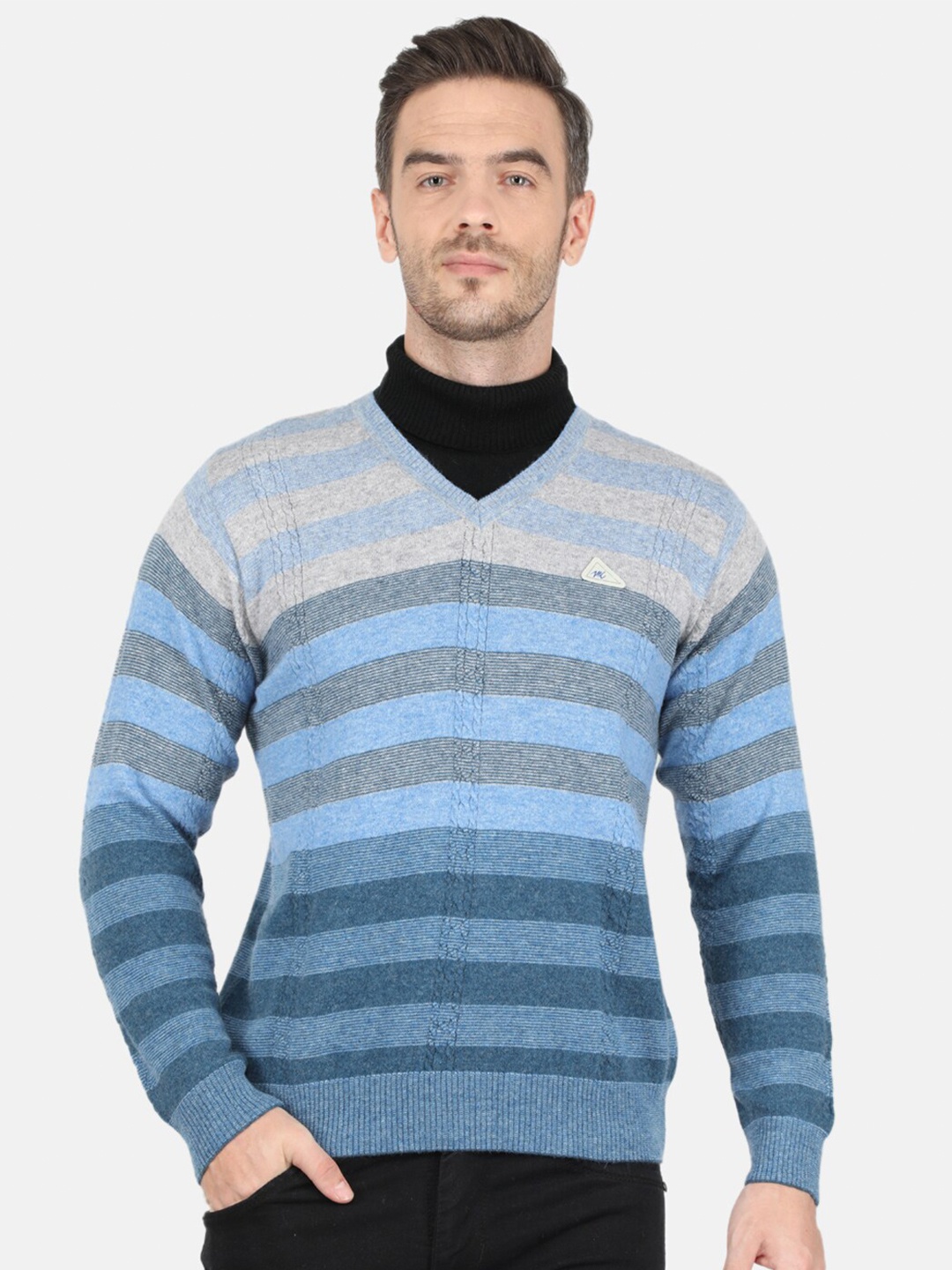 

Monte Carlo Men Blue & Grey Wool Striped V Neck Pullover