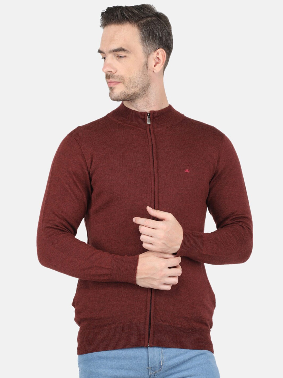

Monte Carlo Men Maroon Solid Turtle Neck Cardigan