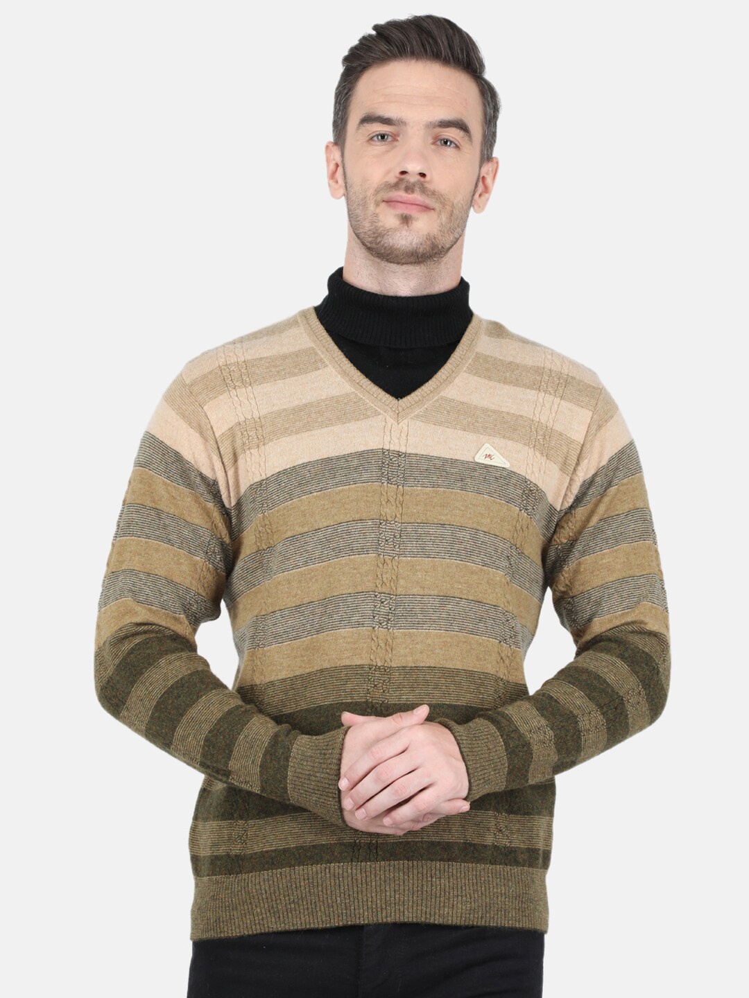 

Monte Carlo Men Olive Green & Brown Striped Pullover