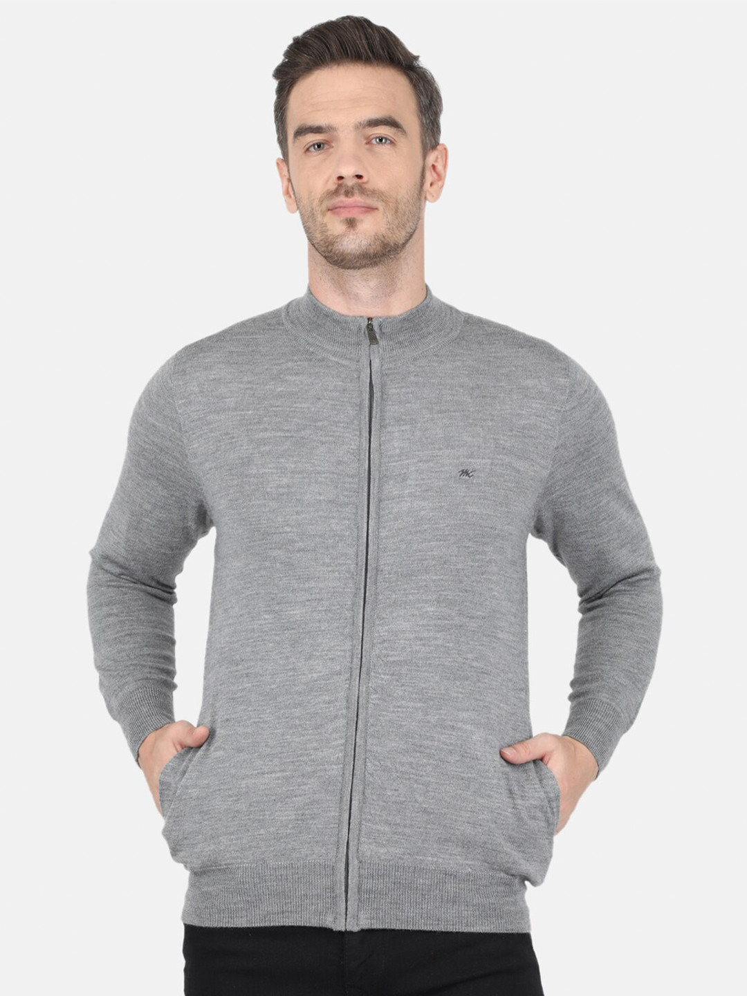 

Monte Carlo Men Grey Striped Pure Wool Front-Open Sweater