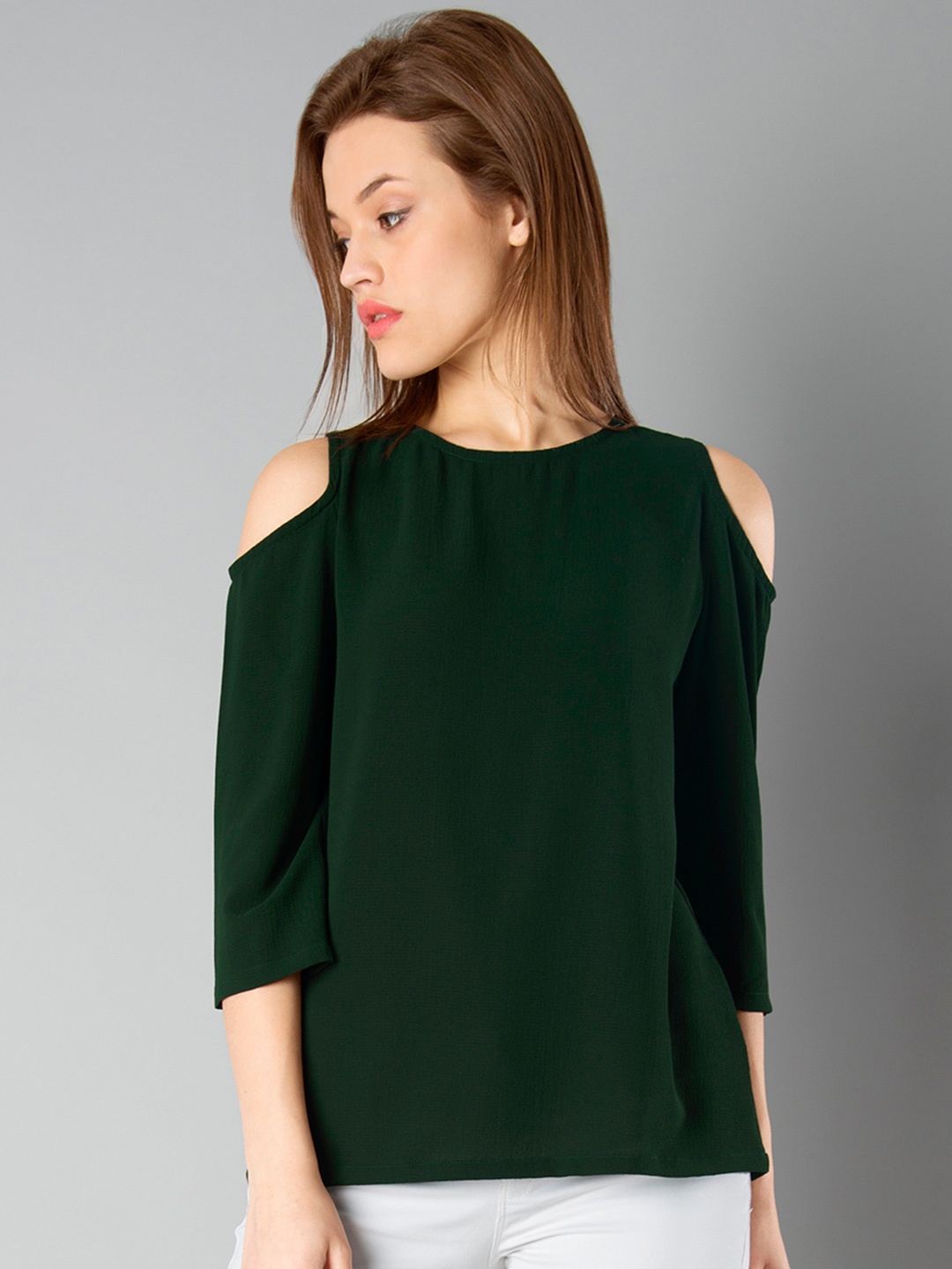 

FabAlley Women Green Solid Cold-Shoulder Top
