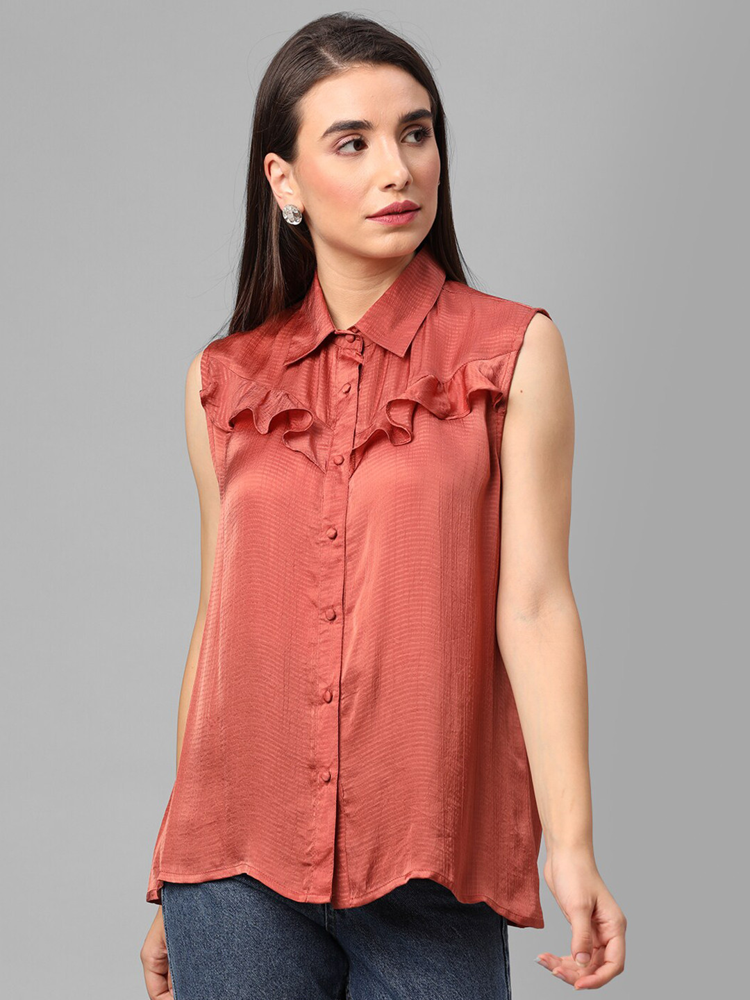

JUNE & HARRY Women Coral Ruffles Satin Shirt Style Top