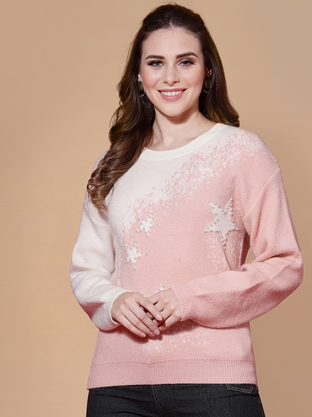 

Mafadeny Women Peach-Coloured & White Printed Pullover with Embellished Detail