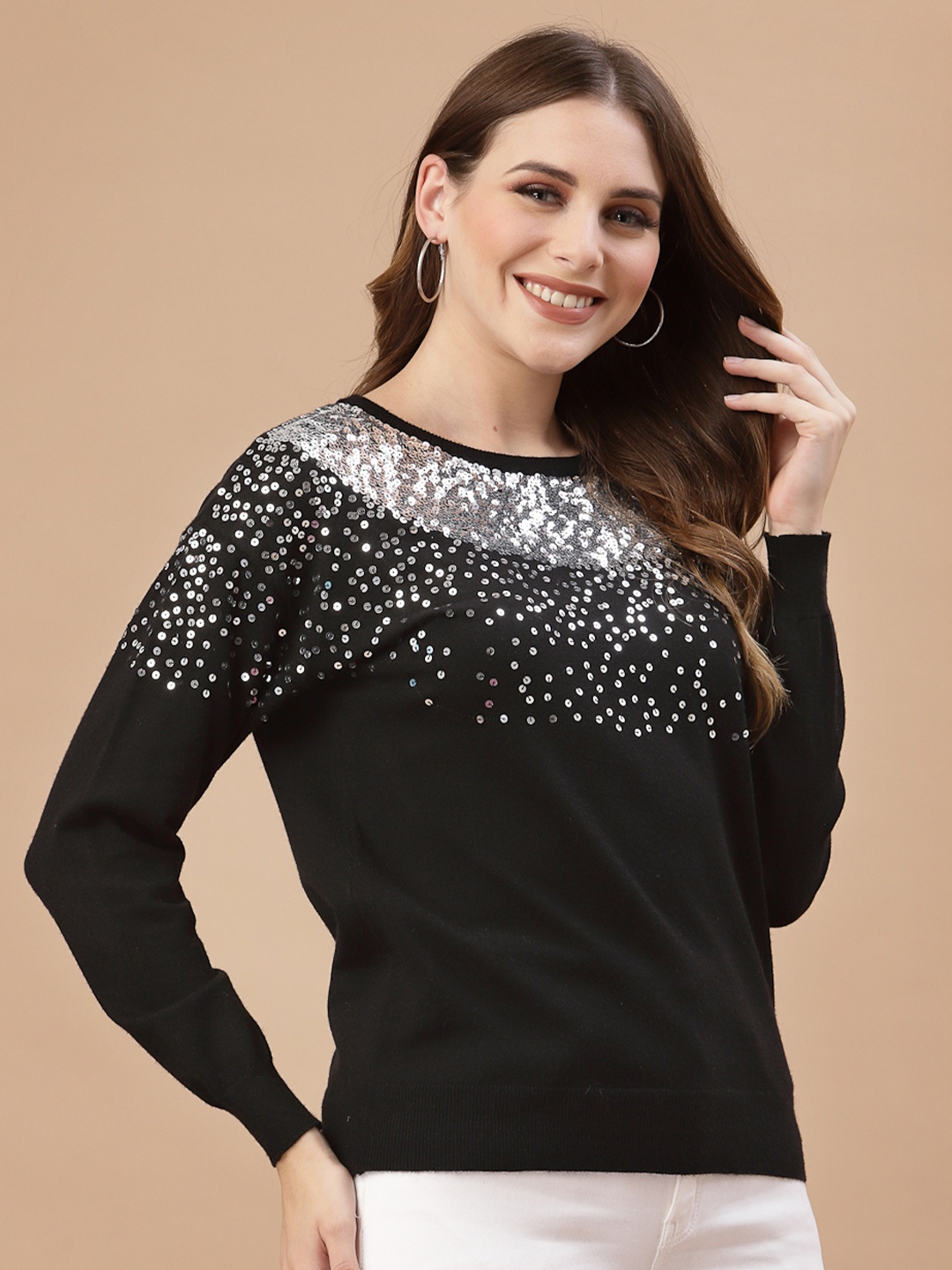 

Mafadeny Women Black & White Quirky Pullover with Embellished Detail