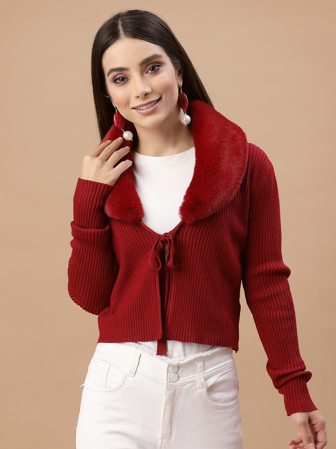 

Mafadeny Women Maroon Crop Cardigan