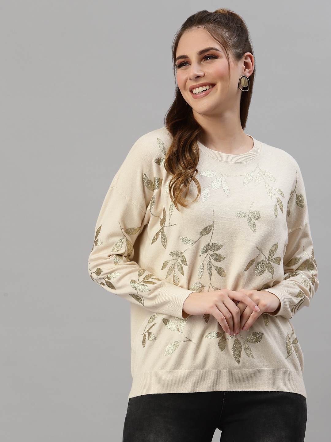 

Mafadeny Women Beige Floral Printed Pullover