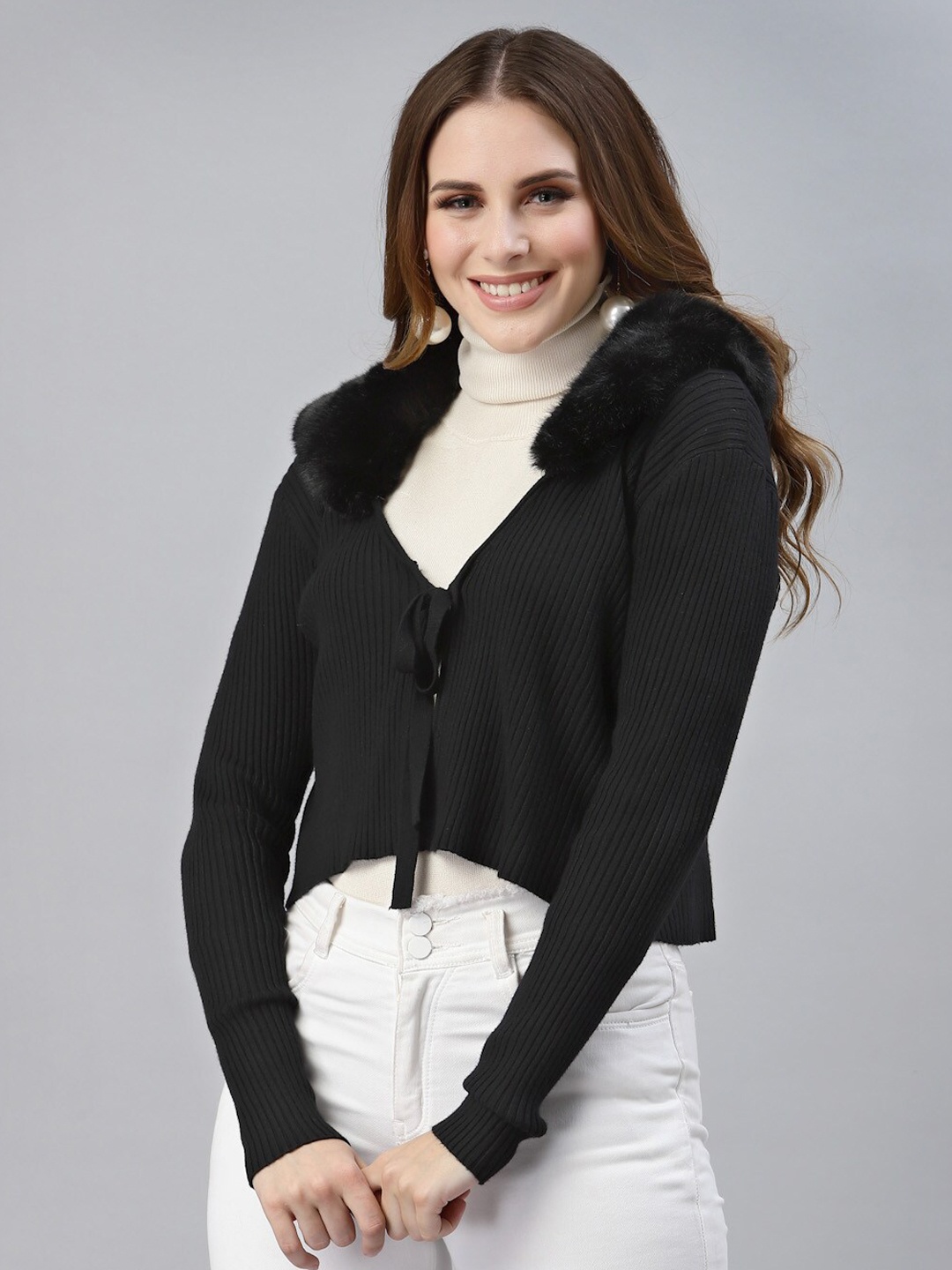 

Mafadeny Women Black Crop Cardigan with Fuzzy Detail