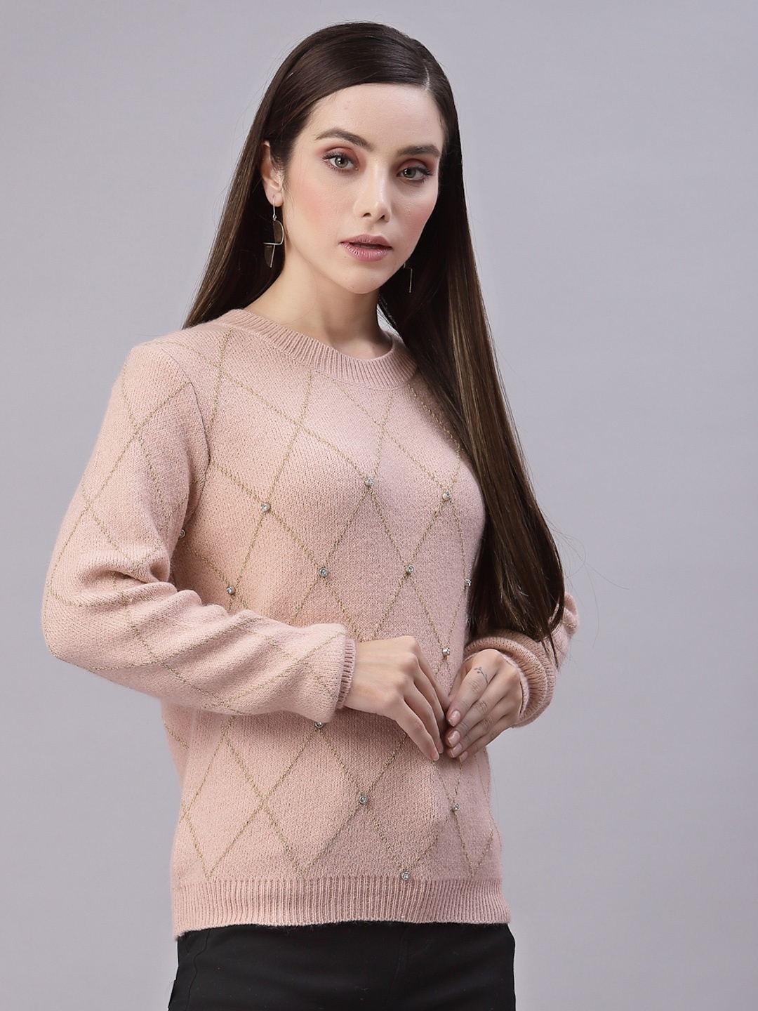 

Mafadeny Women Peach Geometric Knit Design With Stone Embellished Detail Pullover