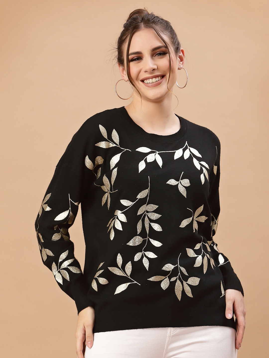 

Mafadeny Women Black & Gold-Toned Floral Printed Pullover Sweater Tops