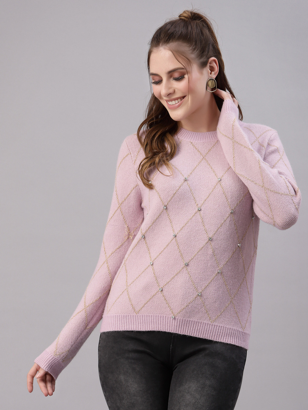 

Mafadeny Women Pink Pullover with Embellished Detail