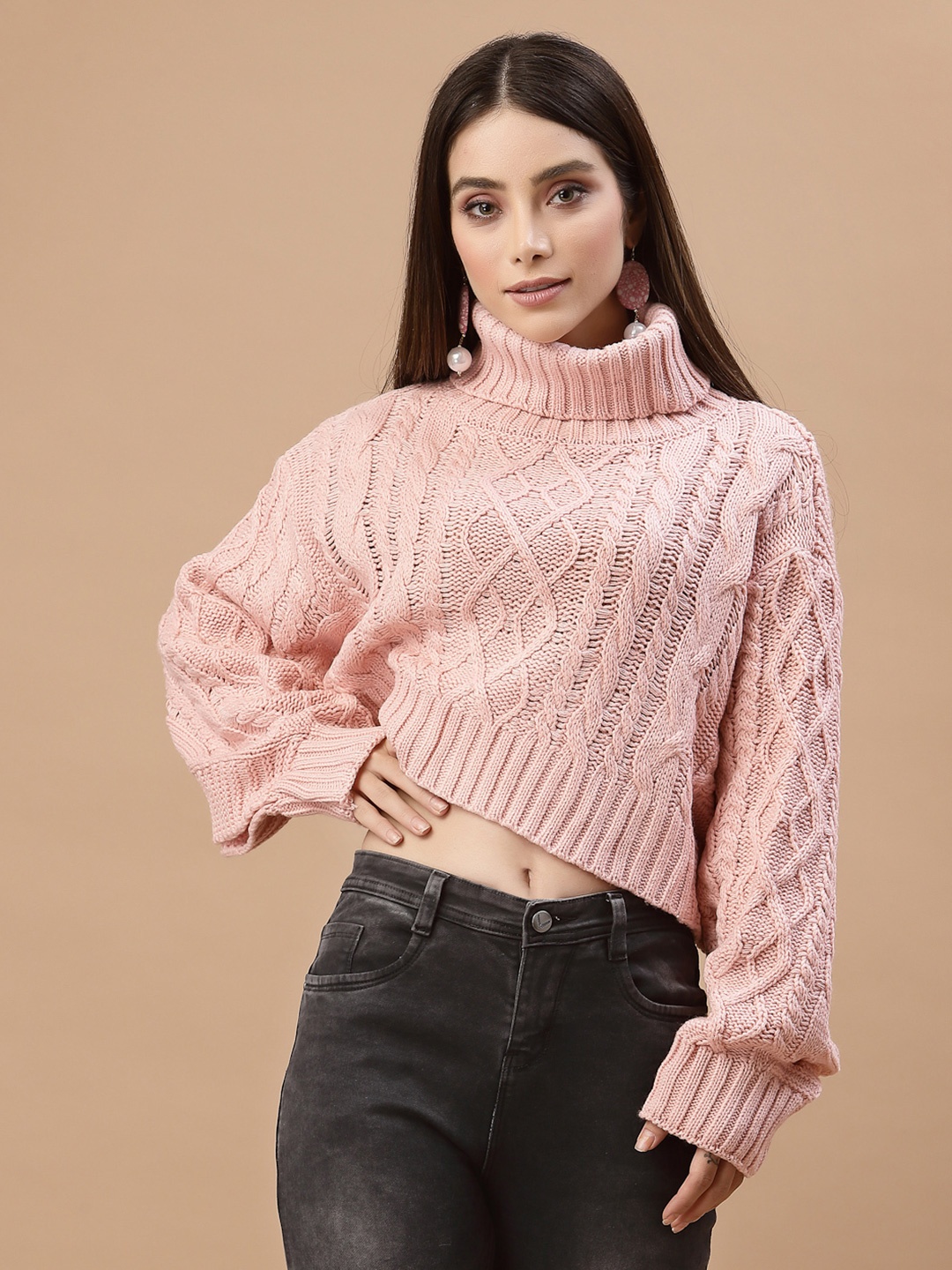 

Mafadeny Women Peach-Coloured Cable Knit Crop Pullover