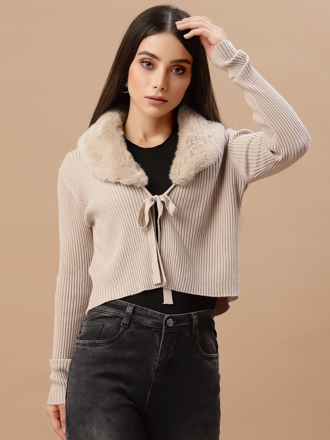 

Mafadeny Women Solid Beige Crop Sweater Top