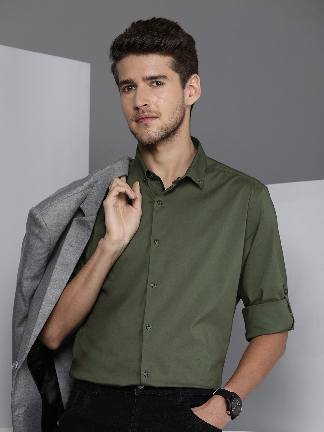 

Kenneth Cole Revert Men Olive Green Slim Fit Modern Elementaries Smart Casual Shirt