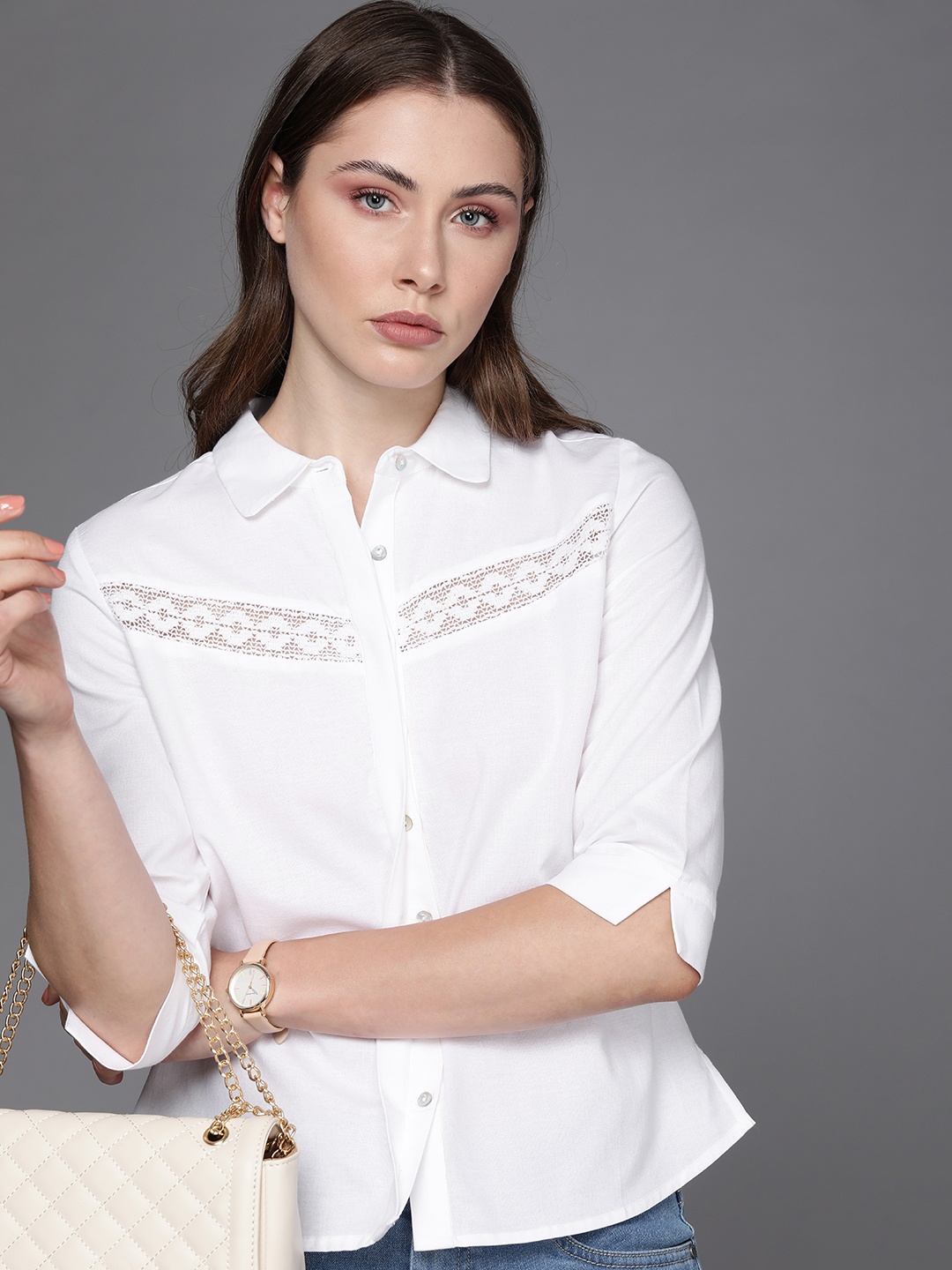 

Kenneth Cole Women White Solid Casual Shirt With Lace Detail