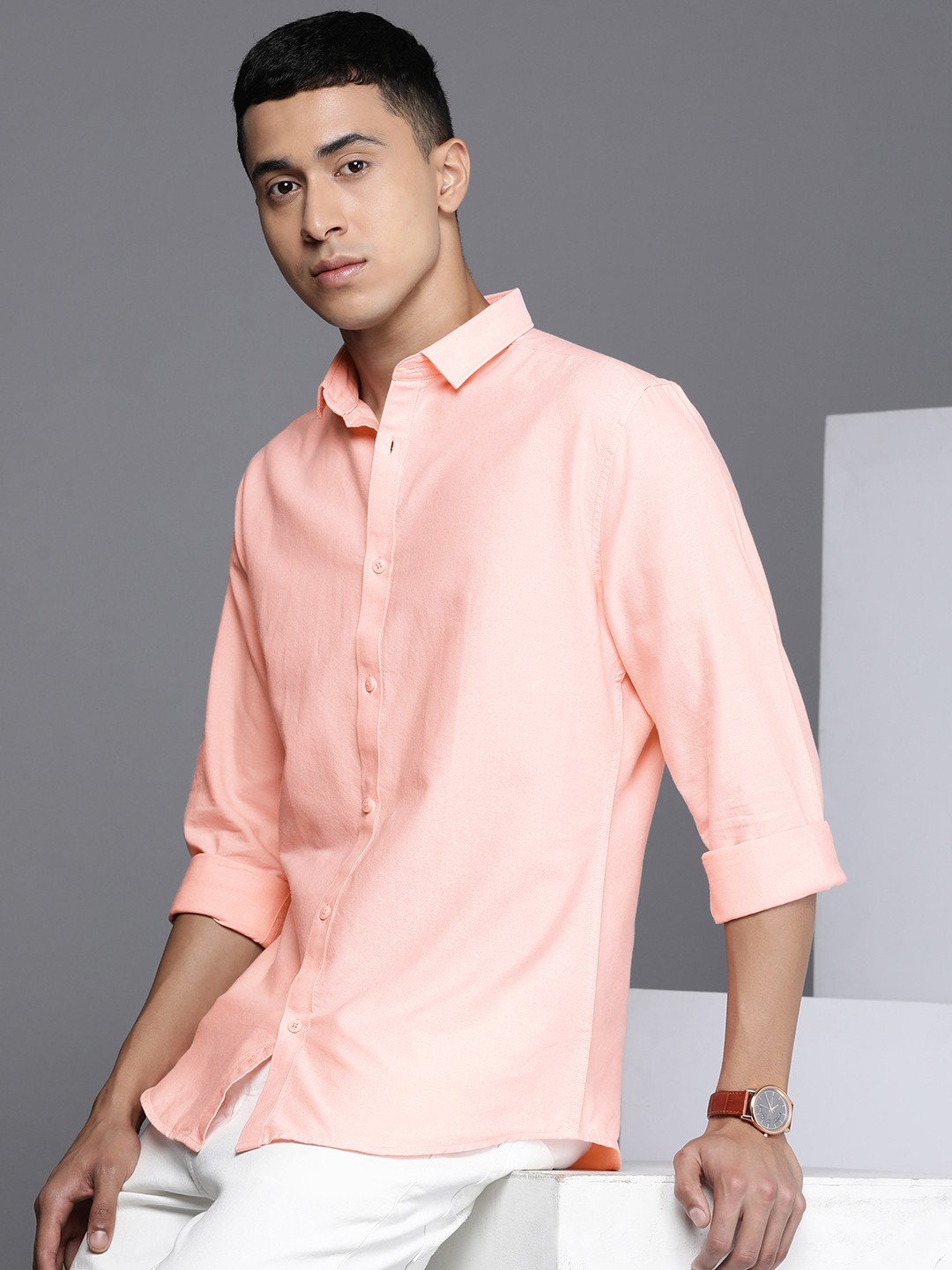 

Kenneth Cole Touch Base Men Peach-Coloured Slim Fit Pure Cotton Smart Casual Shirt
