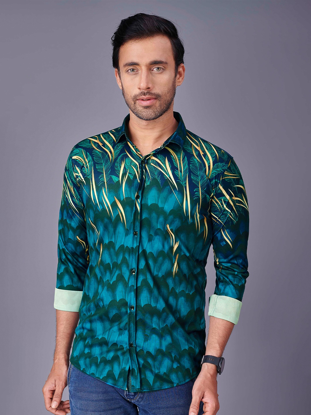 

Fashion FRICKS Men Teal Printed Polyester Casual Shirt
