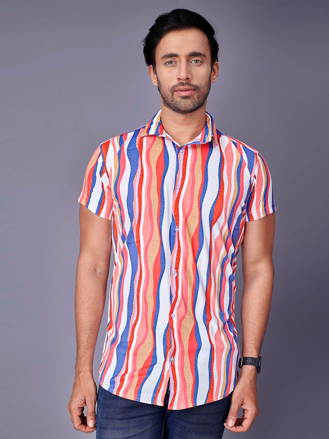 

Fashion FRICKS Men White & Orange Striped Casual Shirt