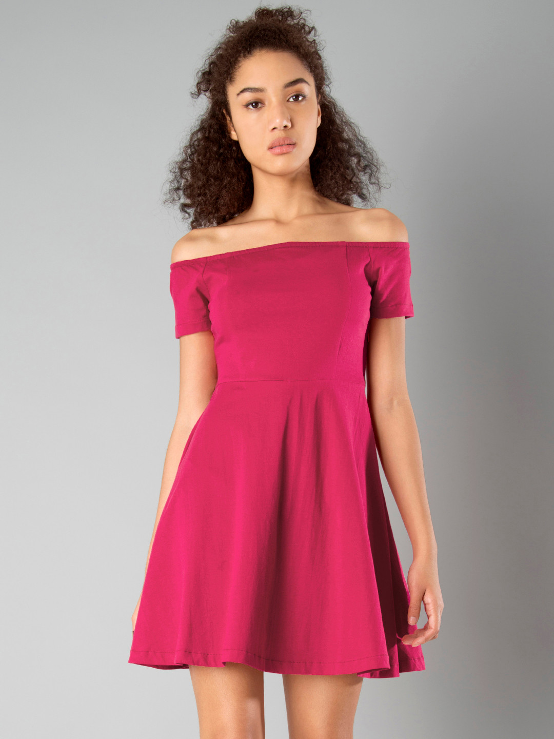 

FabAlley Women Pink Solid Bardot Fit & Flare Dress