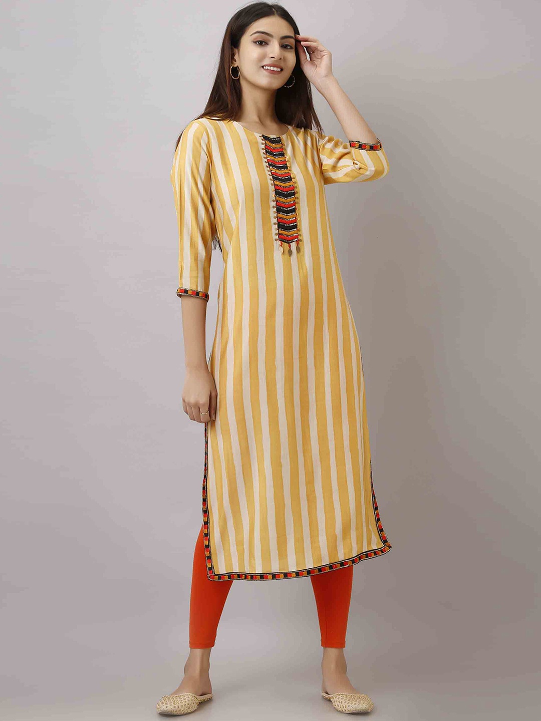 

KALINI Women Yellow Striped Keyhole Neck Flared Sleeves Thread Work Anarkali Kurta