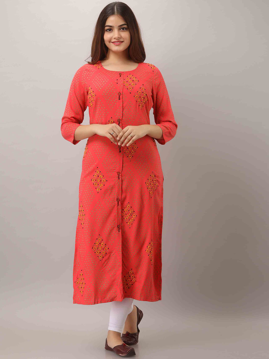 

KALINI Women Pink Bandhani Kantha Work Straight Kurta