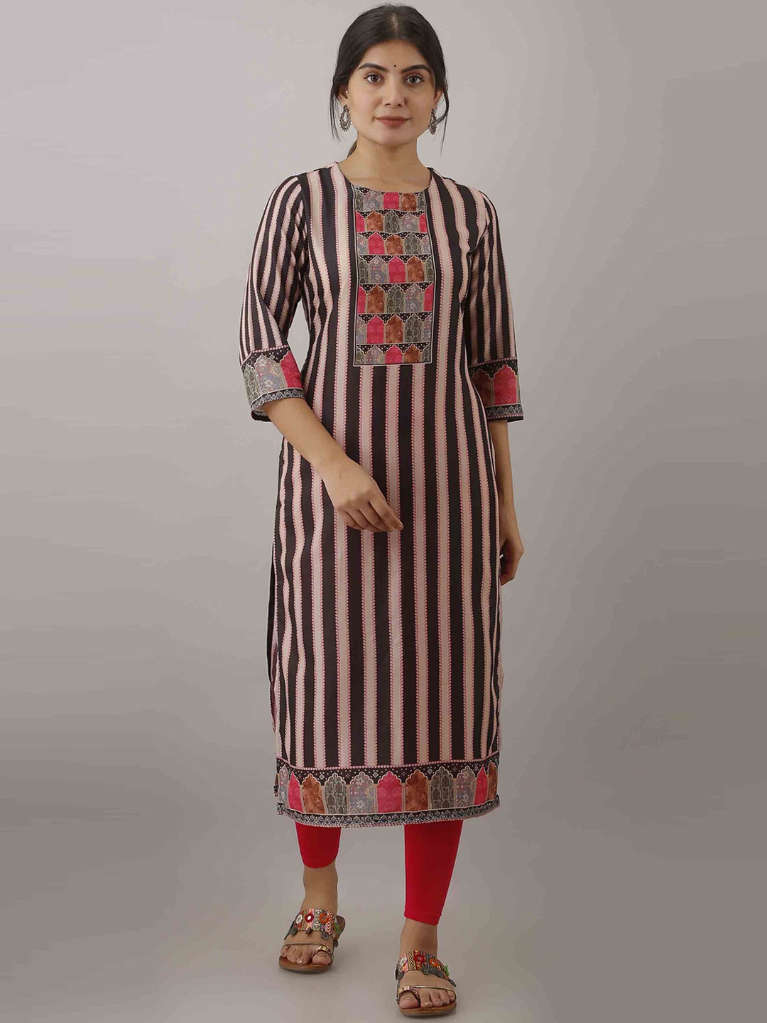 

KALINI Women Black & Red Striped Straight Kurta