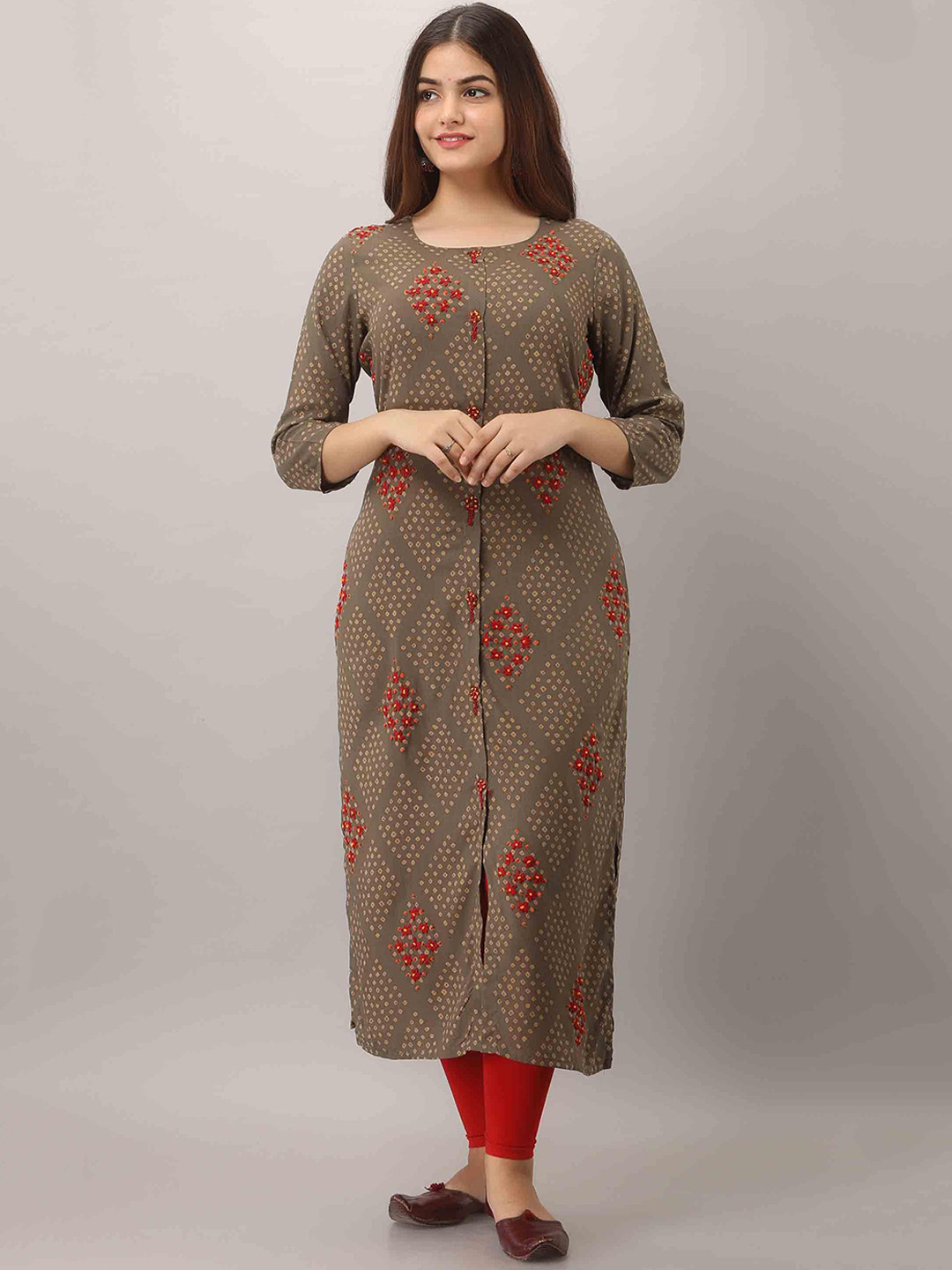 

KALINI Women Grey & Red Bandhani Kantha Work Kurta