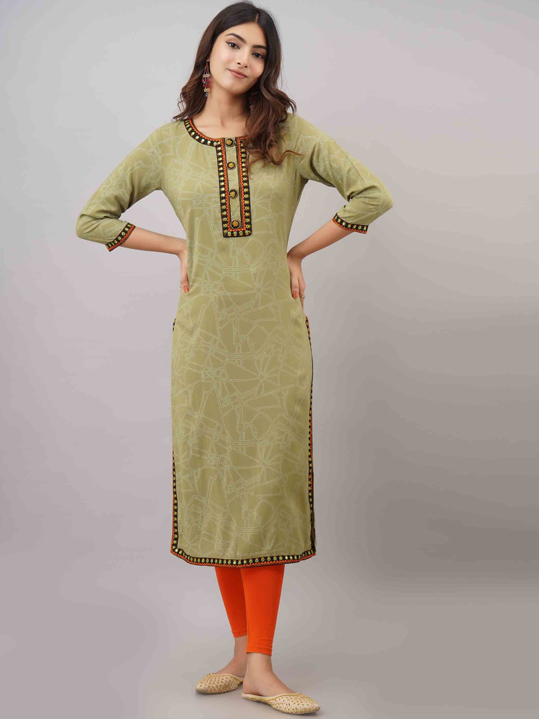 

KALINI Women Green Geometric Yoke Design Mirror Work Kurta