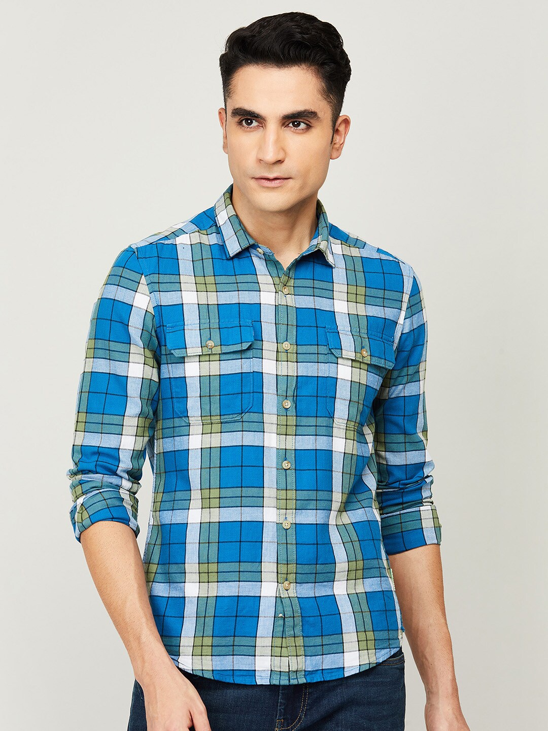 

Bossini Men Blue Slim Fit Tartan Checks Checked Cotton Casual Shirt