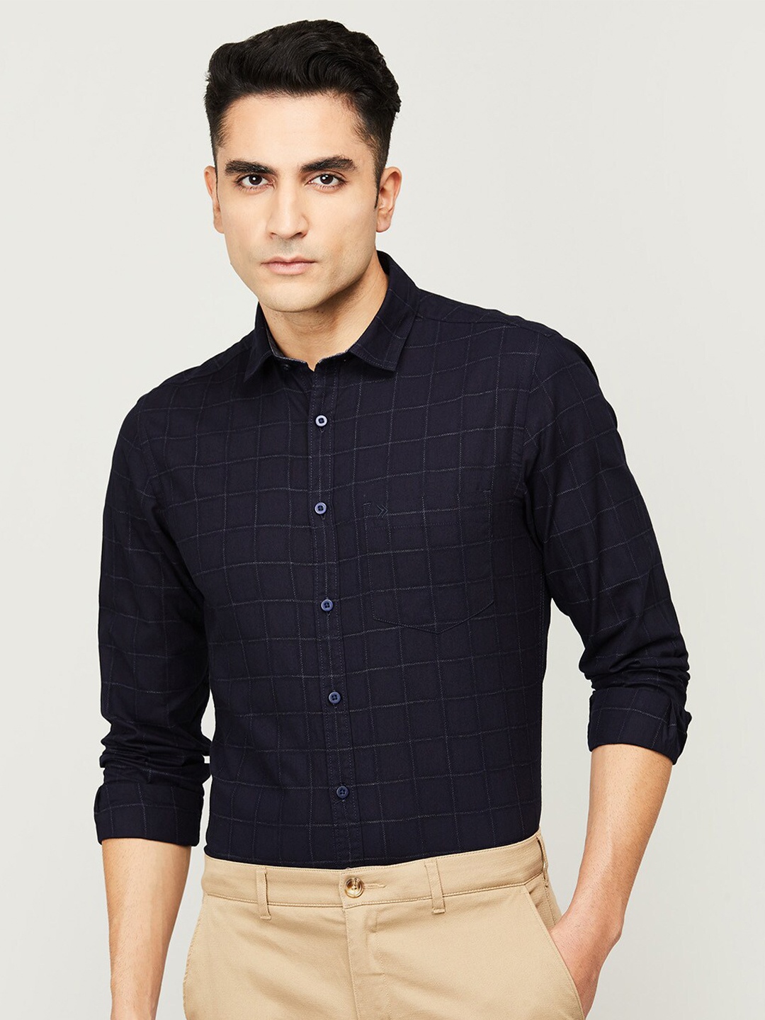 

CODE by Lifestyle Men Navy Blue Slim Fit Grid Tattersall Checked Casual Linen Shirt