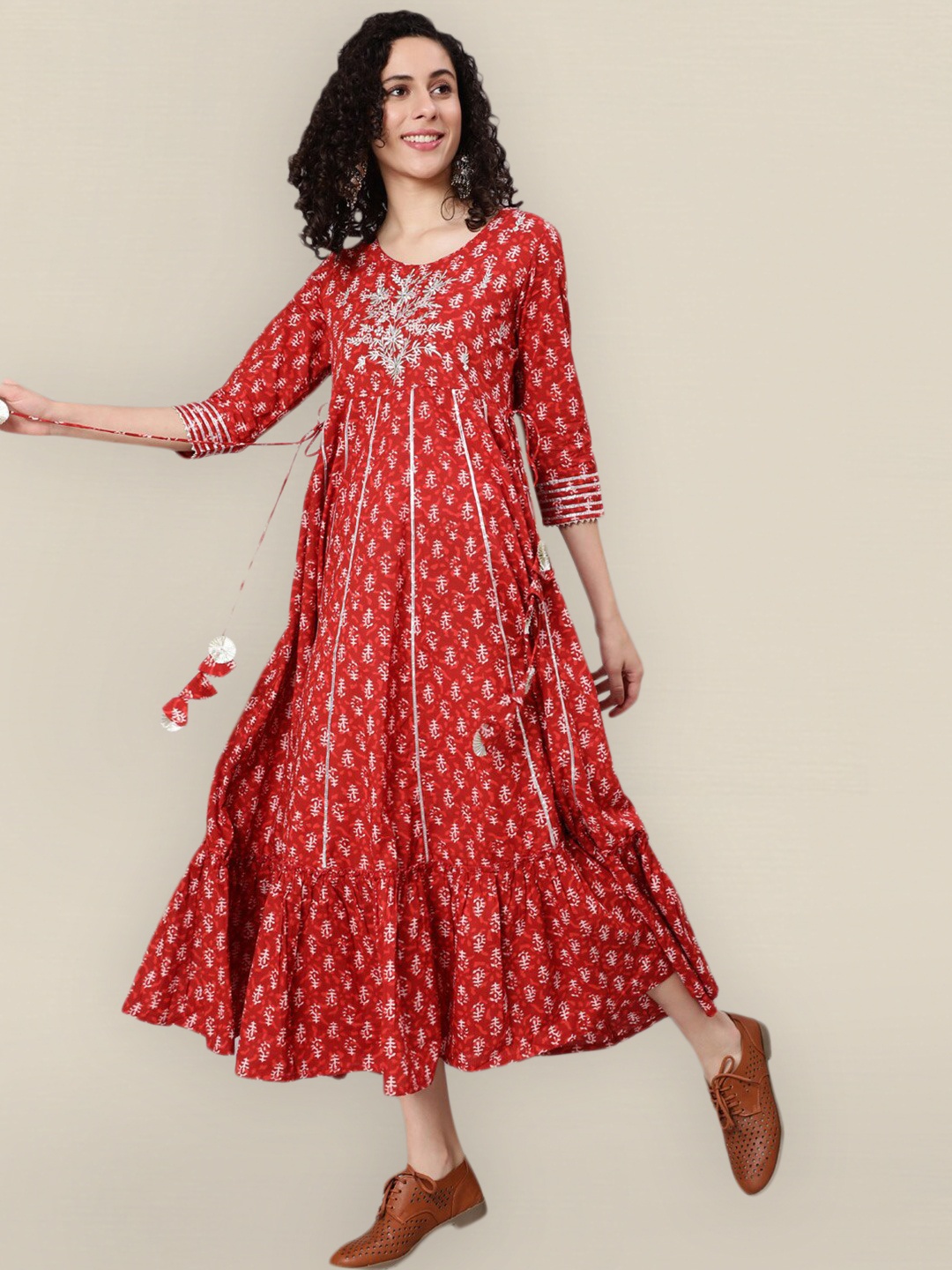

Sangria Red & White Ethnic Motifs Embroidered Detail Ethnic Maxi Dress